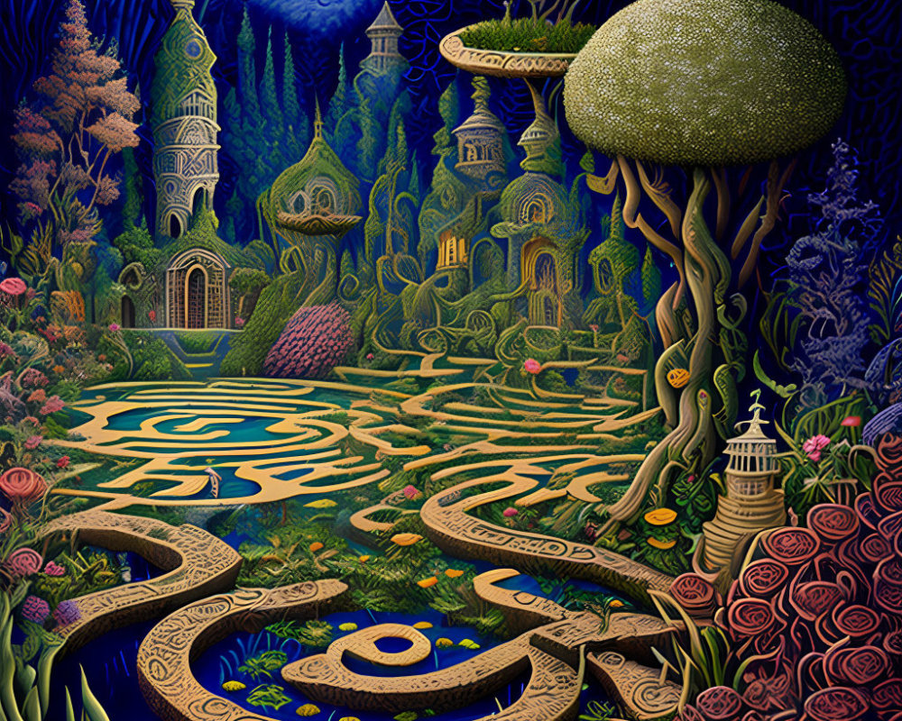 Fantasy landscape with vibrant foliage, whimsical architecture, large mushroom, and spiraled pathways in mystical