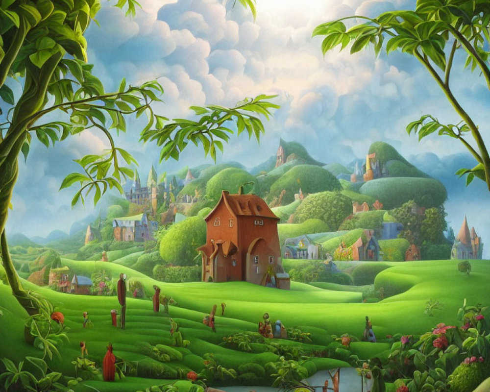 Colorful landscape with tree-shaped house, figures, and fantasy castle.