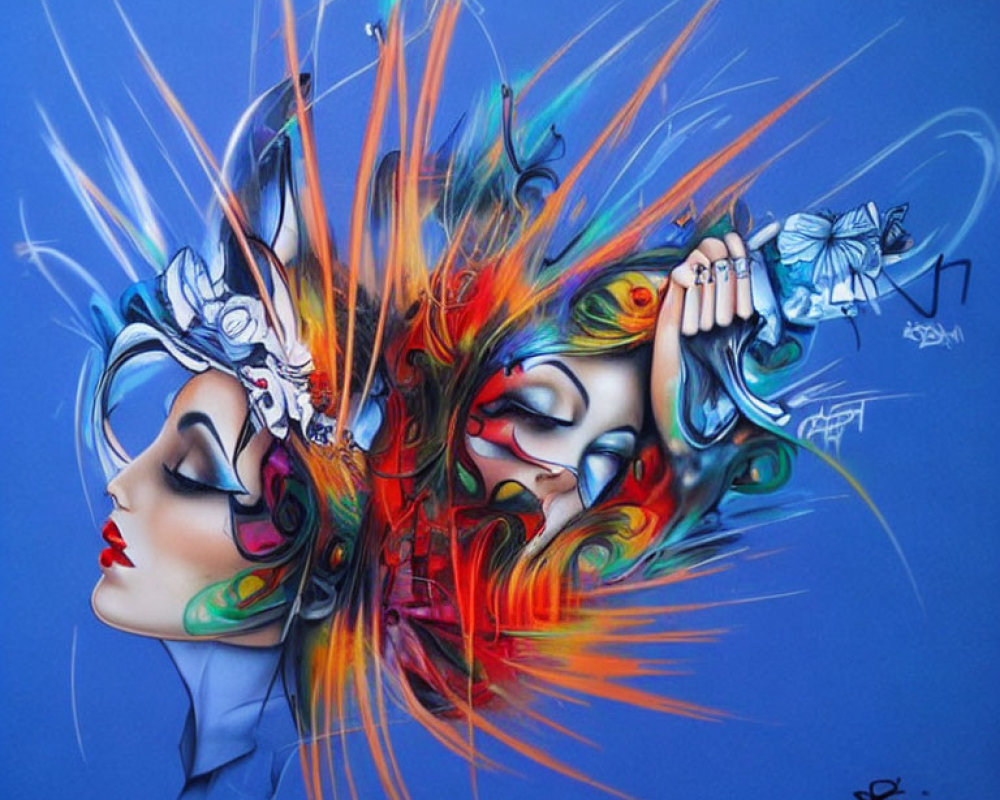 Colorful Graffiti-Style Artwork: Two Female Faces with Abstract Designs on Blue Background