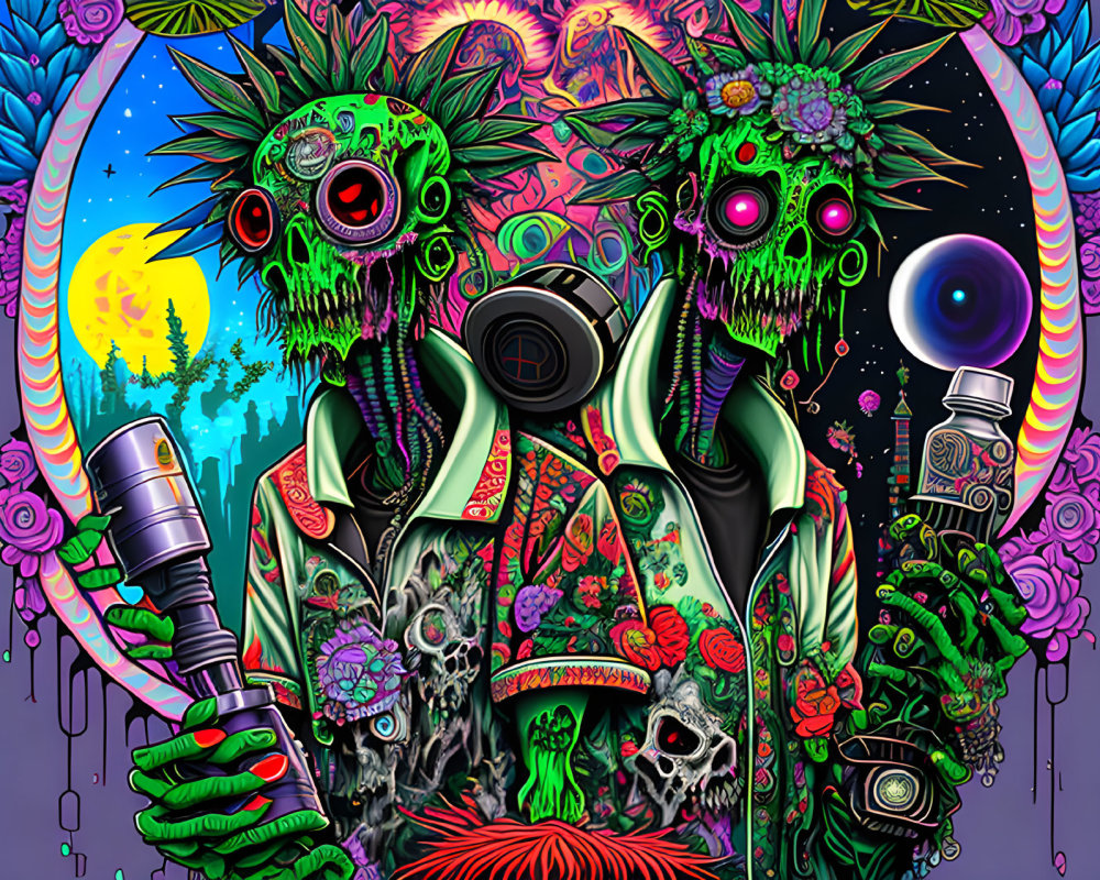 Psychedelic skull-faced figures with telescope and bottle in cosmic setting