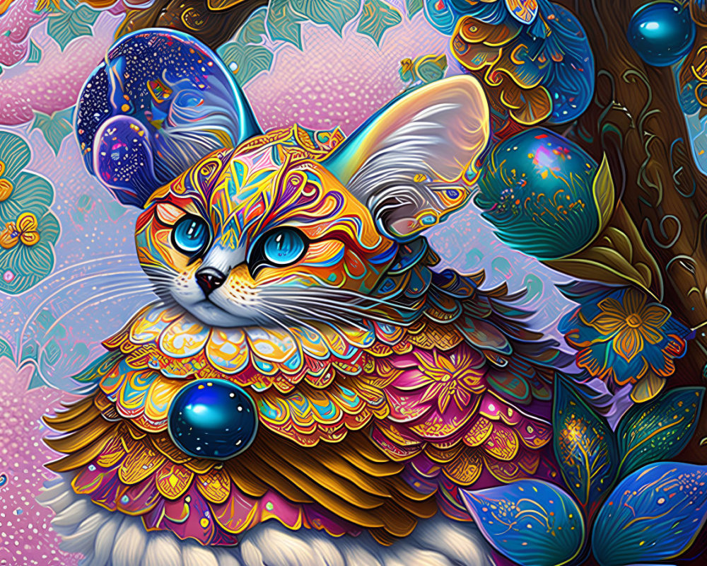 Colorful Psychedelic Cat Illustration with Floral Motifs