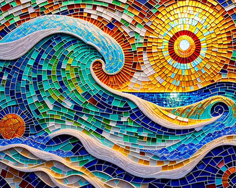 Colorful mosaic of stylized wave and sun on blue background