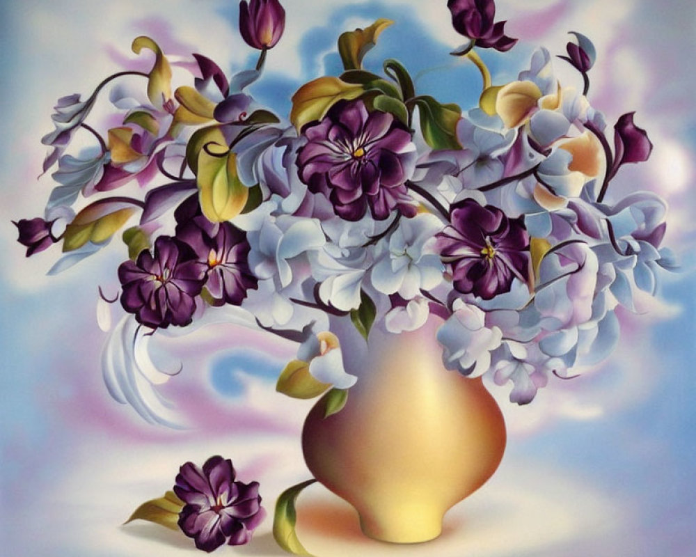 Colorful painting of purple and white flowers in golden vase on gradient backdrop