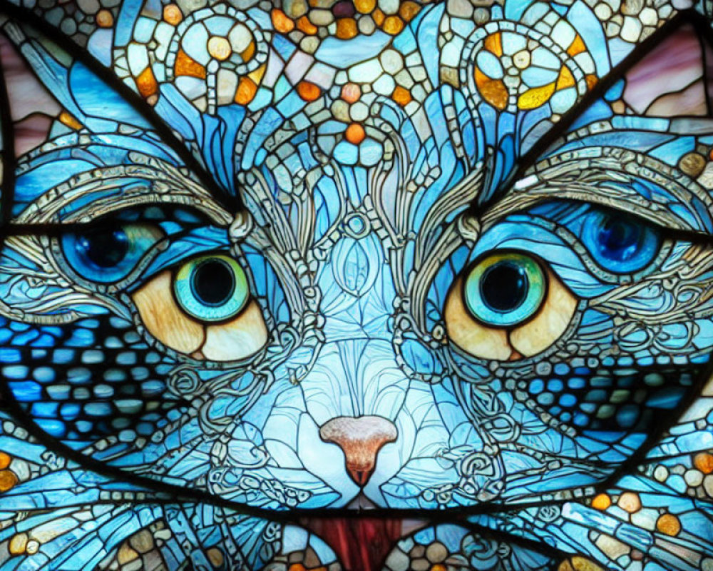 Colorful Stained Glass Artwork of Cat's Face with Intricate Patterns and Mesmerizing Blue