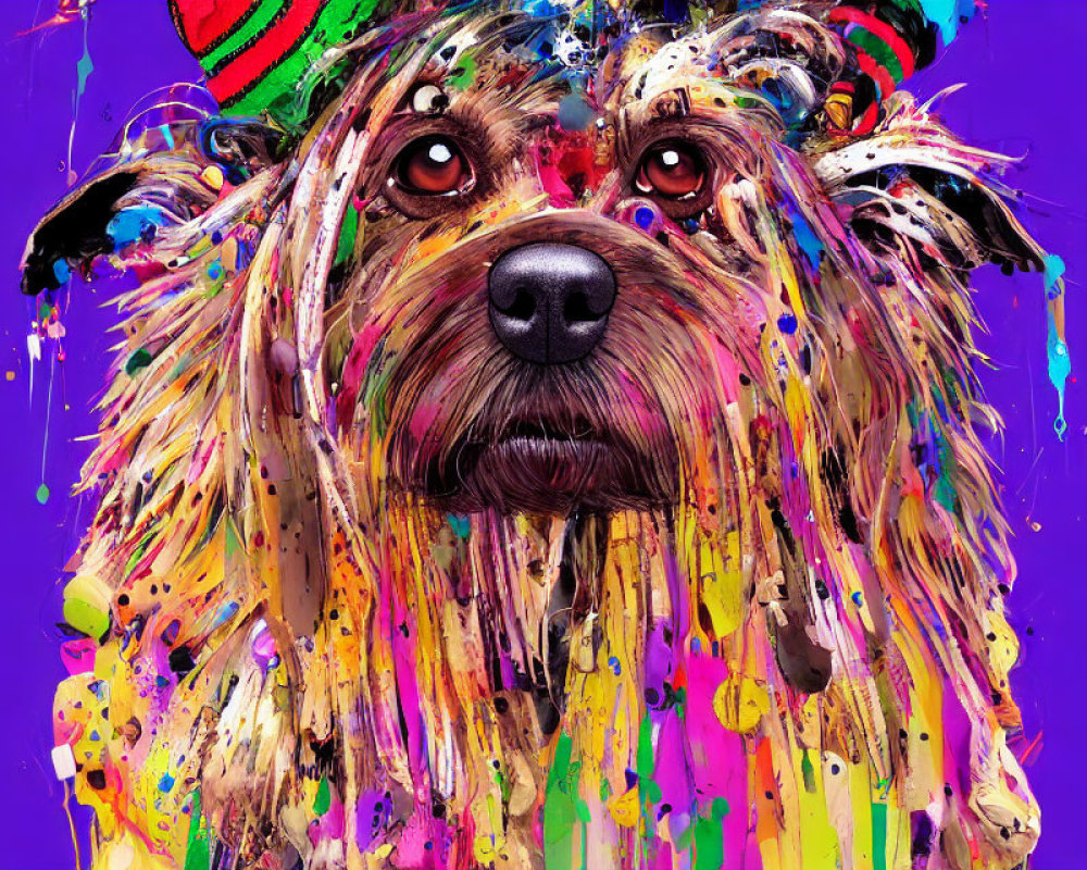 Vibrant dog portrait with splattered paint effect and hat on purple background