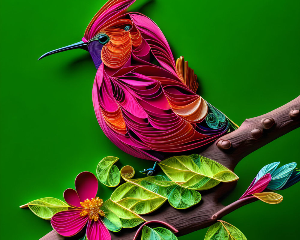 Vibrant bird paper quilling art on branch with leaves and flowers