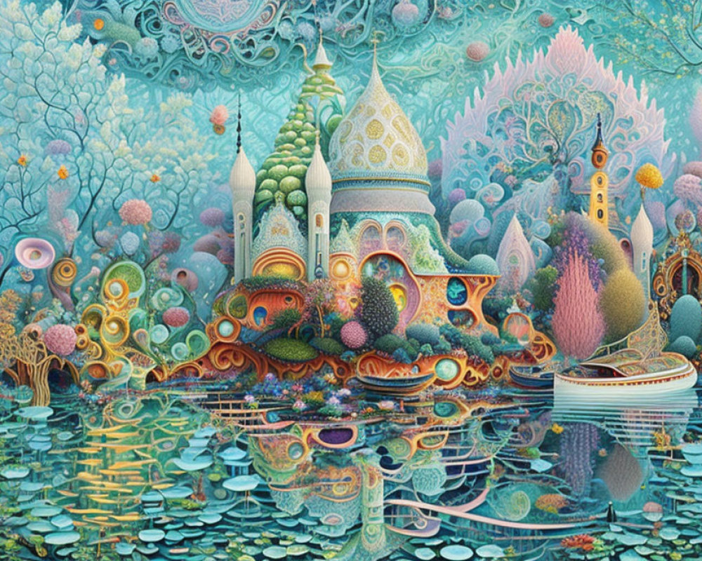 Colorful surreal artwork of onion-domed building in reflective water