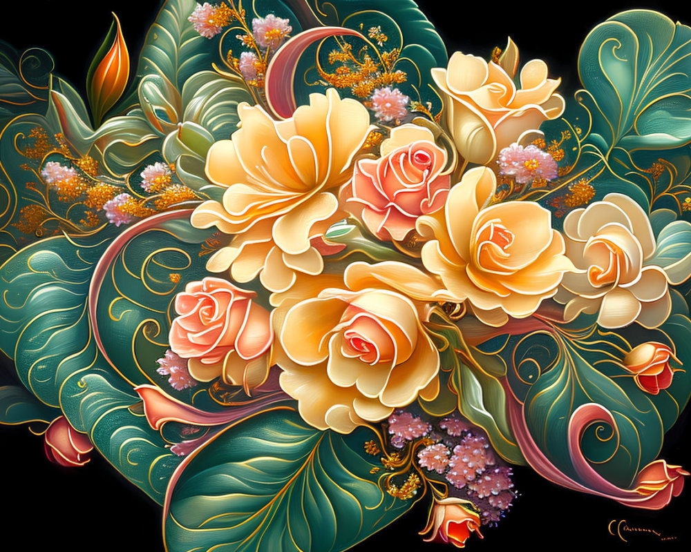 Digital Art: Golden Roses & Green Foliage on Black Background