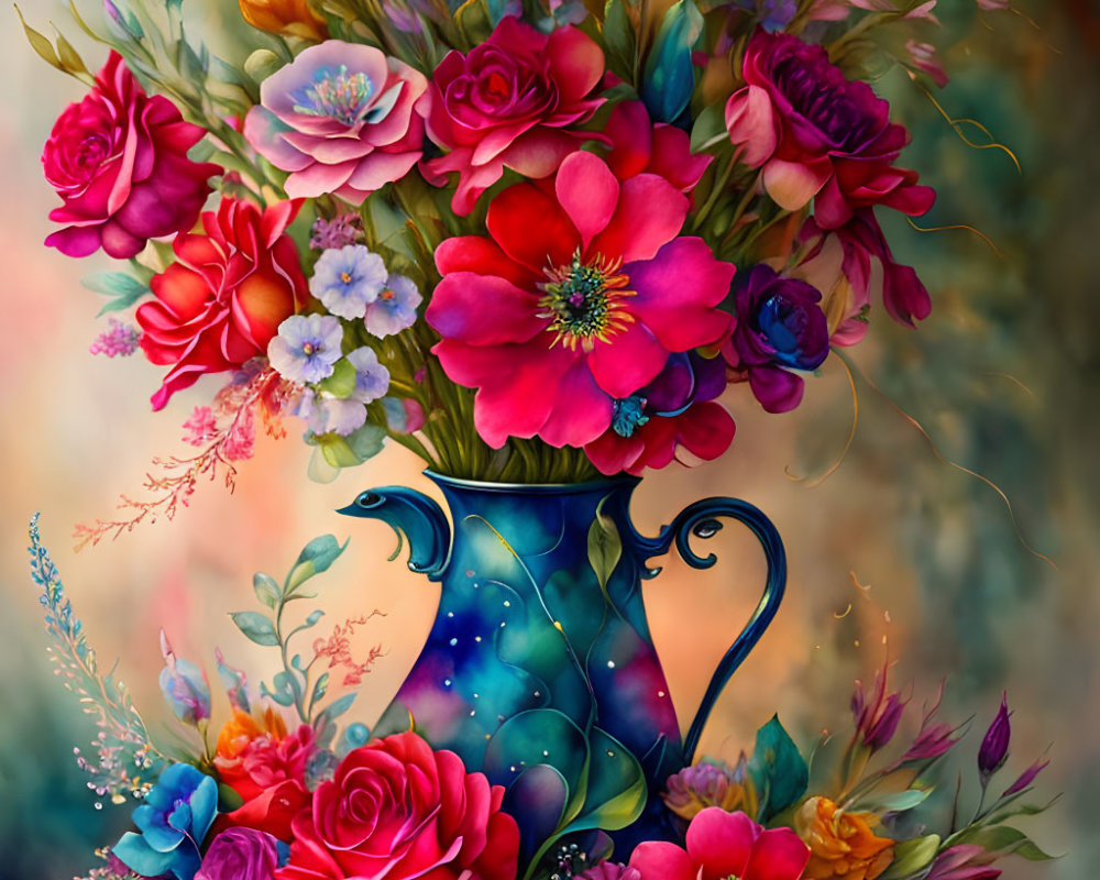 Colorful digital painting of ornate pitcher with vibrant flowers on textured background