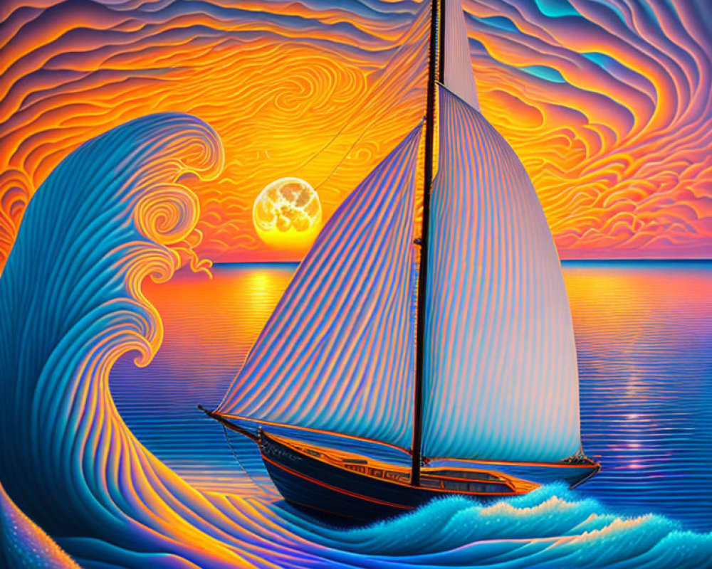 Colorful sailboat painting with wave under sunset sky and full moon