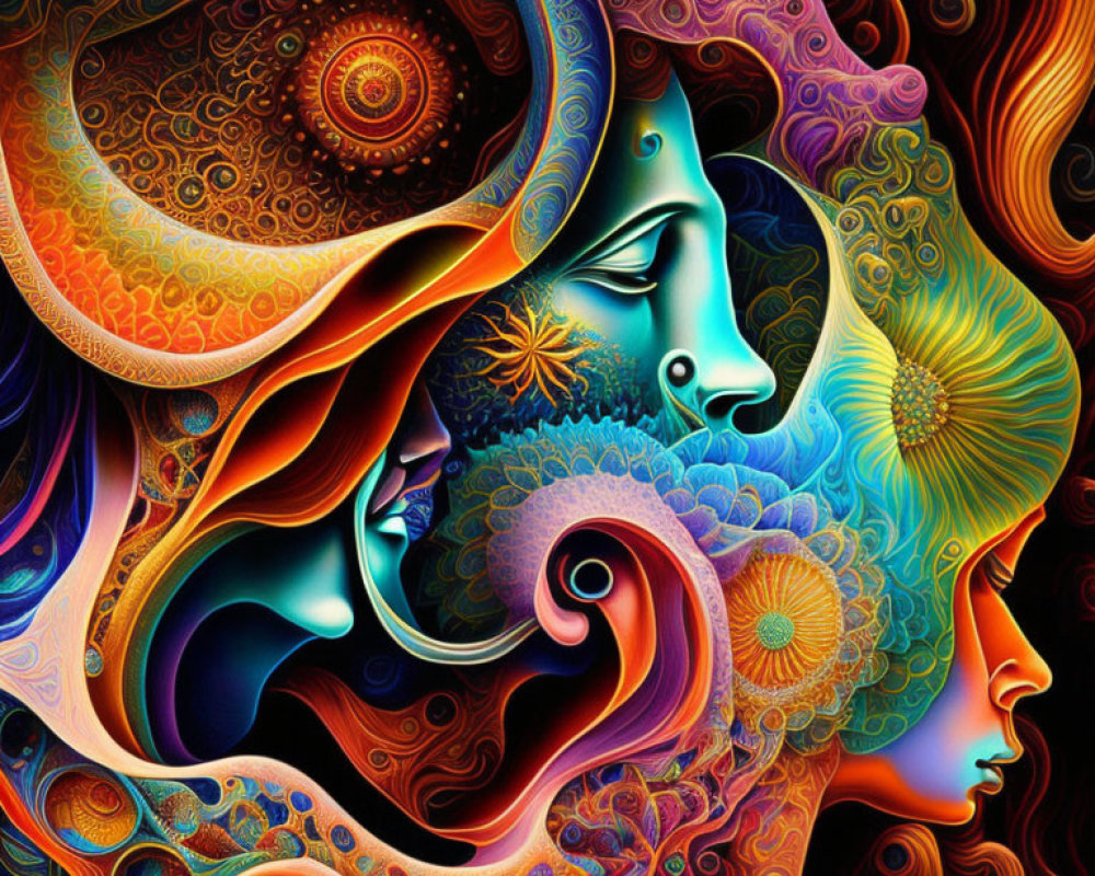 Colorful Psychedelic Artwork with Entwined Human Profiles and Celestial Symbols