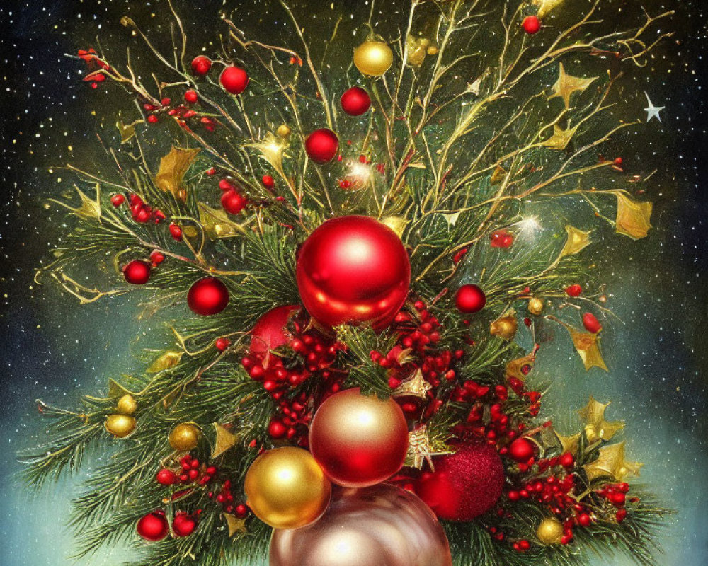 Decorated Christmas tree with red and golden ornaments, lights, berries, and gifts against starry night