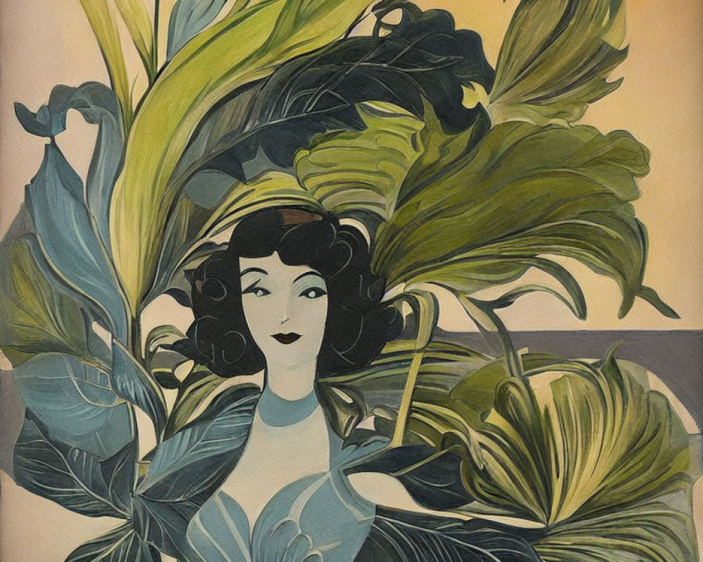 Stylized art deco illustration of woman with dark hair among lush green leaves