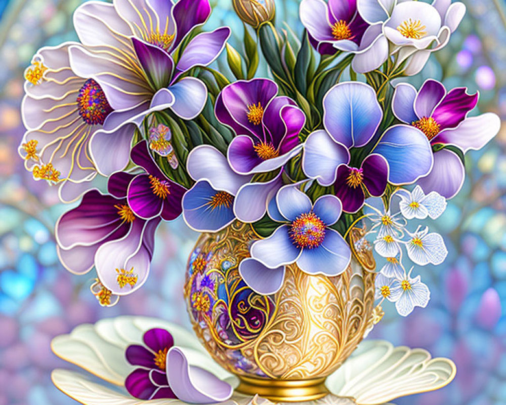 Multicolored Flowers in Golden Vase on Mosaic Background