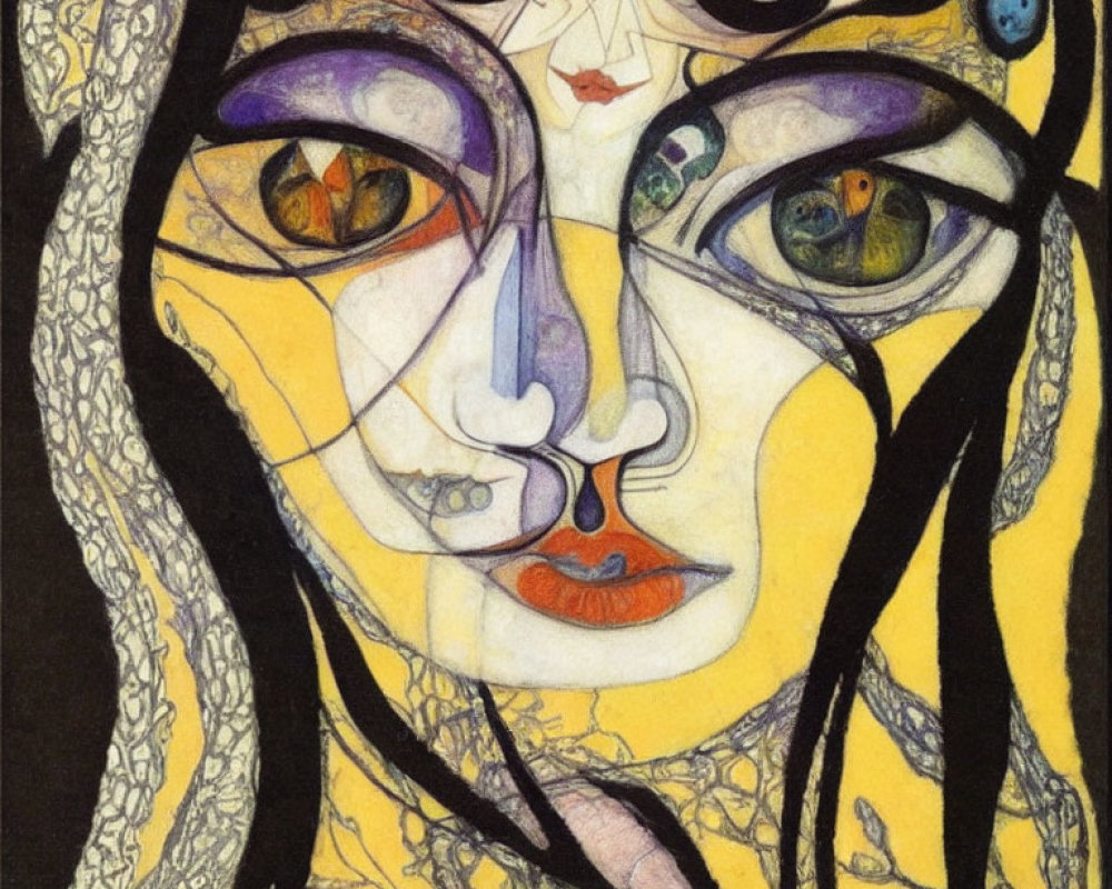 Colorful Abstract Female Face Portrait with Asymmetrical Eyes and Vibrant Yellow Tones