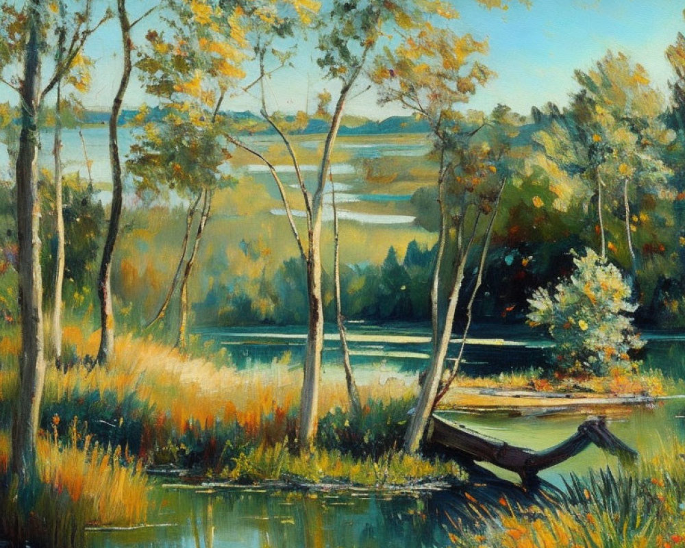 Tranquil landscape painting of serene lake and lush greenery