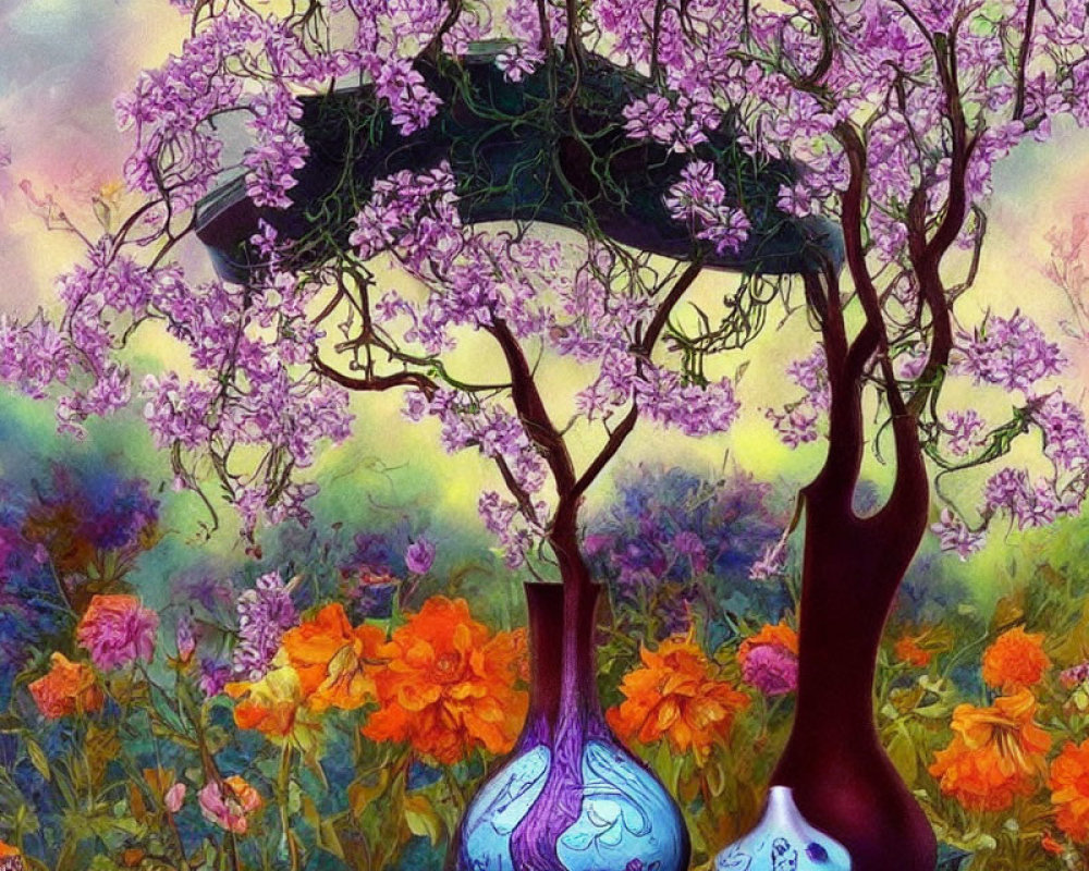 Colorful Painting of Flowery Meadow with Purple Trees and Vases