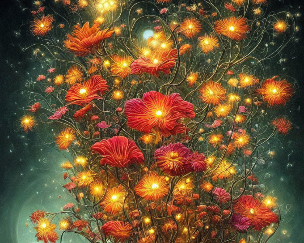 Colorful Glowing Tree with Orange and Red Flowers on Starry Night Sky