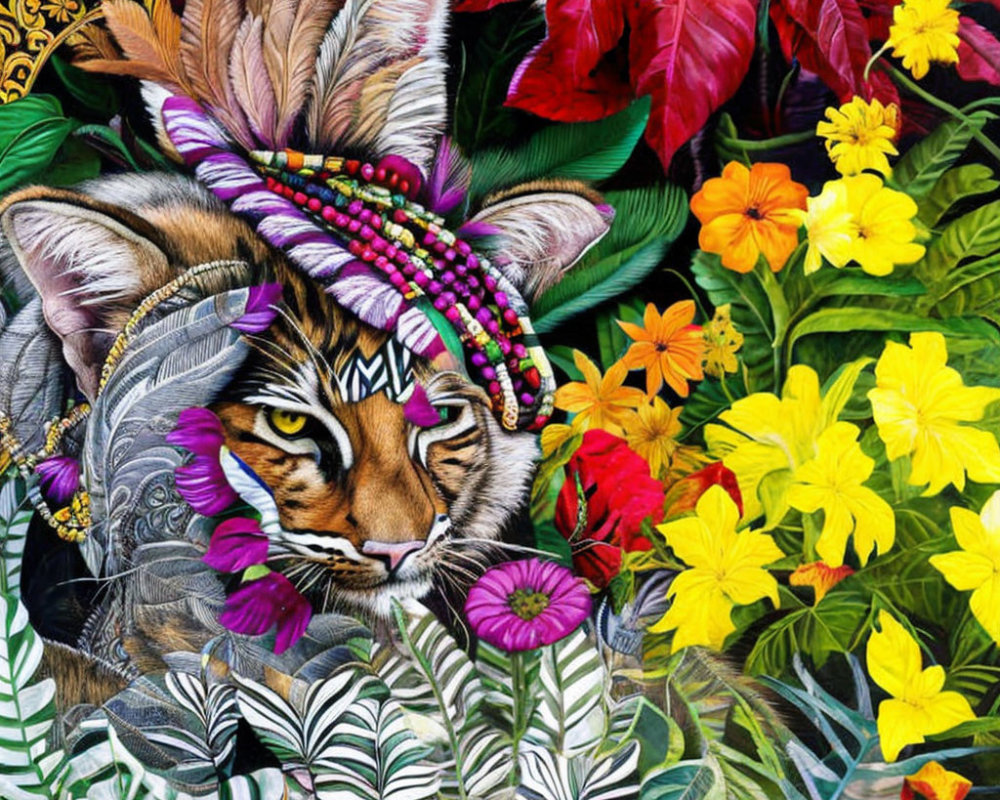 Colorful Tiger Face Artwork with Floral Fusion