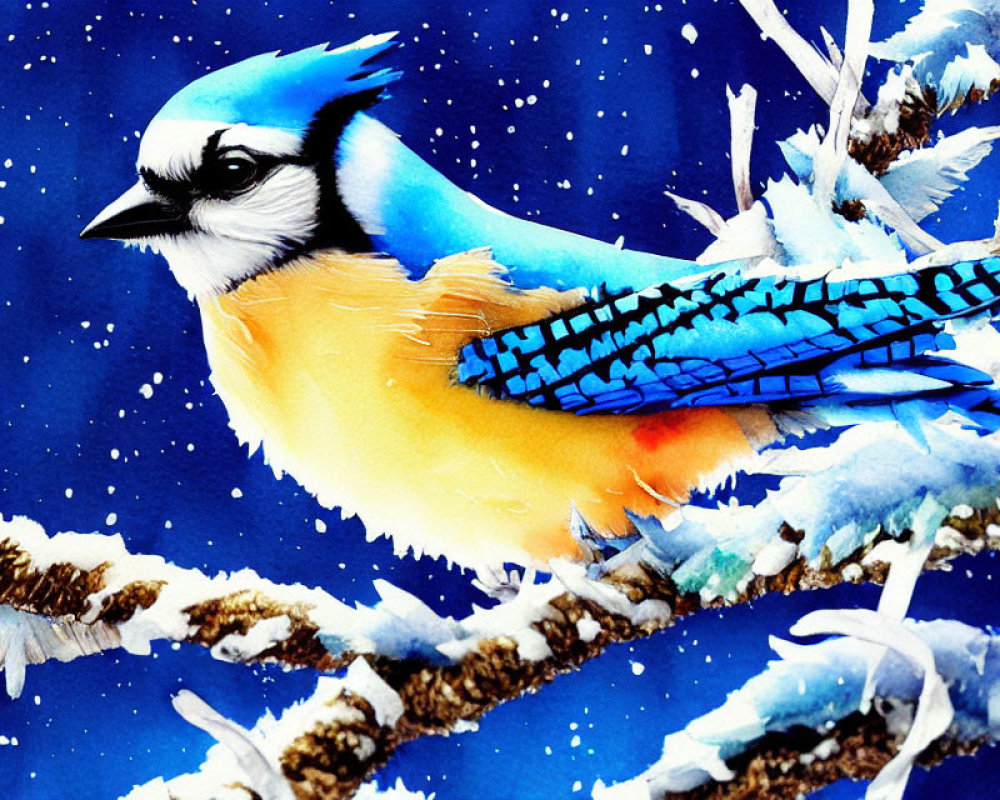 Vibrant blue jay on snowy branch in deep blue setting