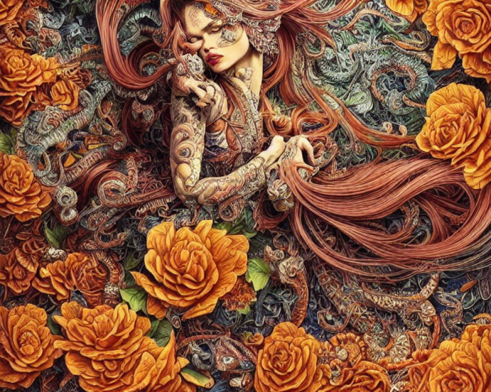 Intricate artwork featuring woman with flowing hair and tattoos amid ornate floral patterns.