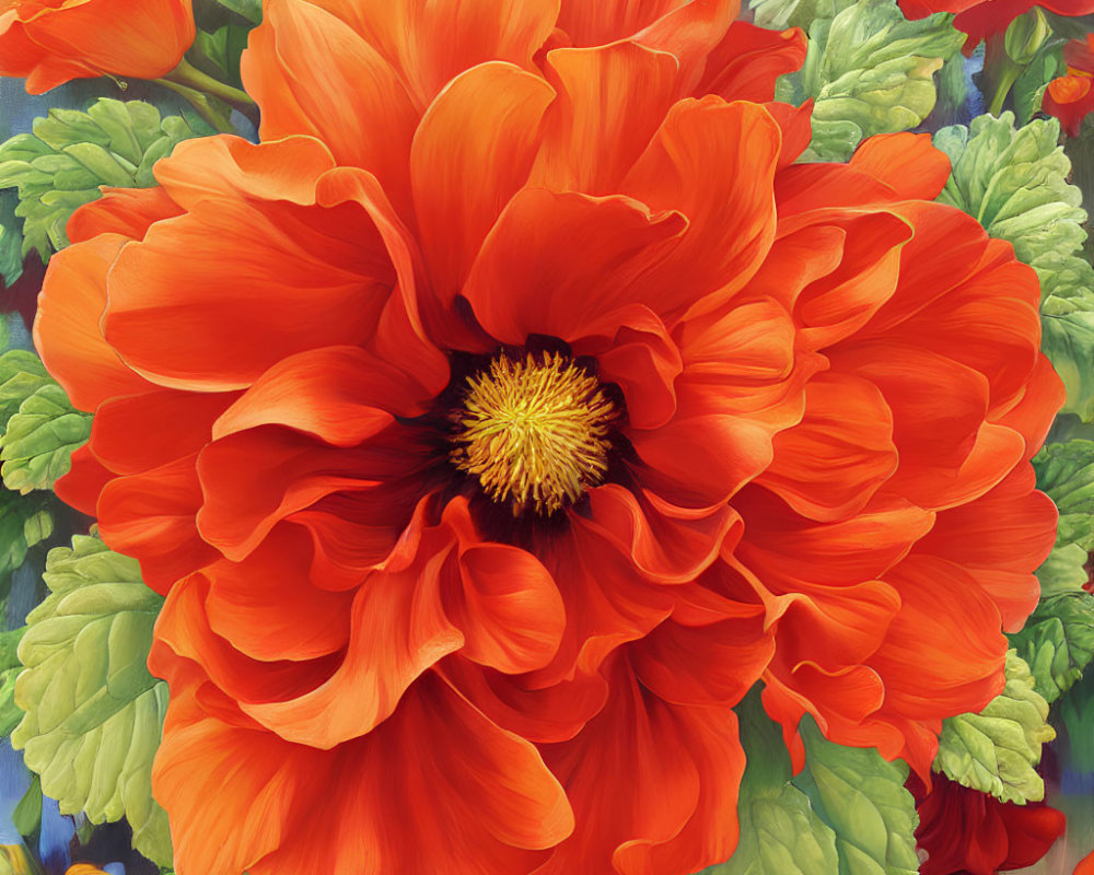 Close-up of Large Red-Orange Flower with Yellow Center