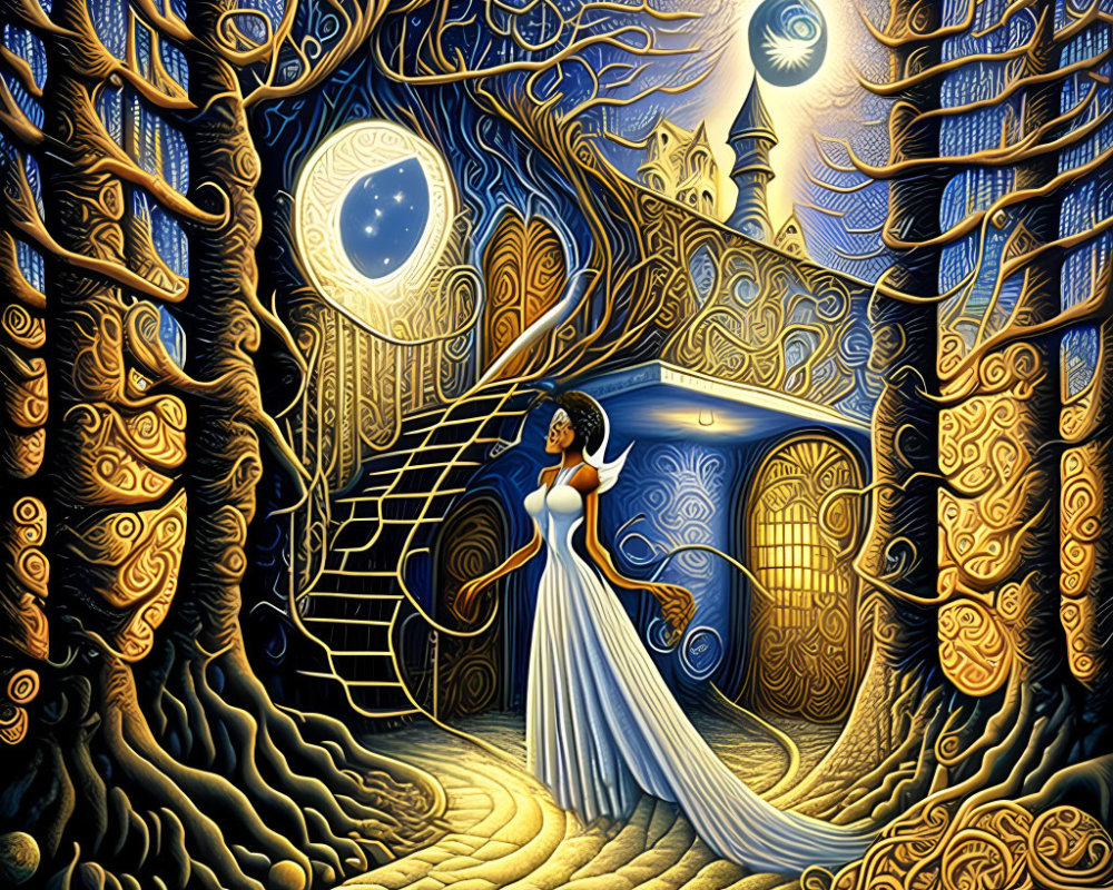 Stylized painting of woman by golden gate under starry sky