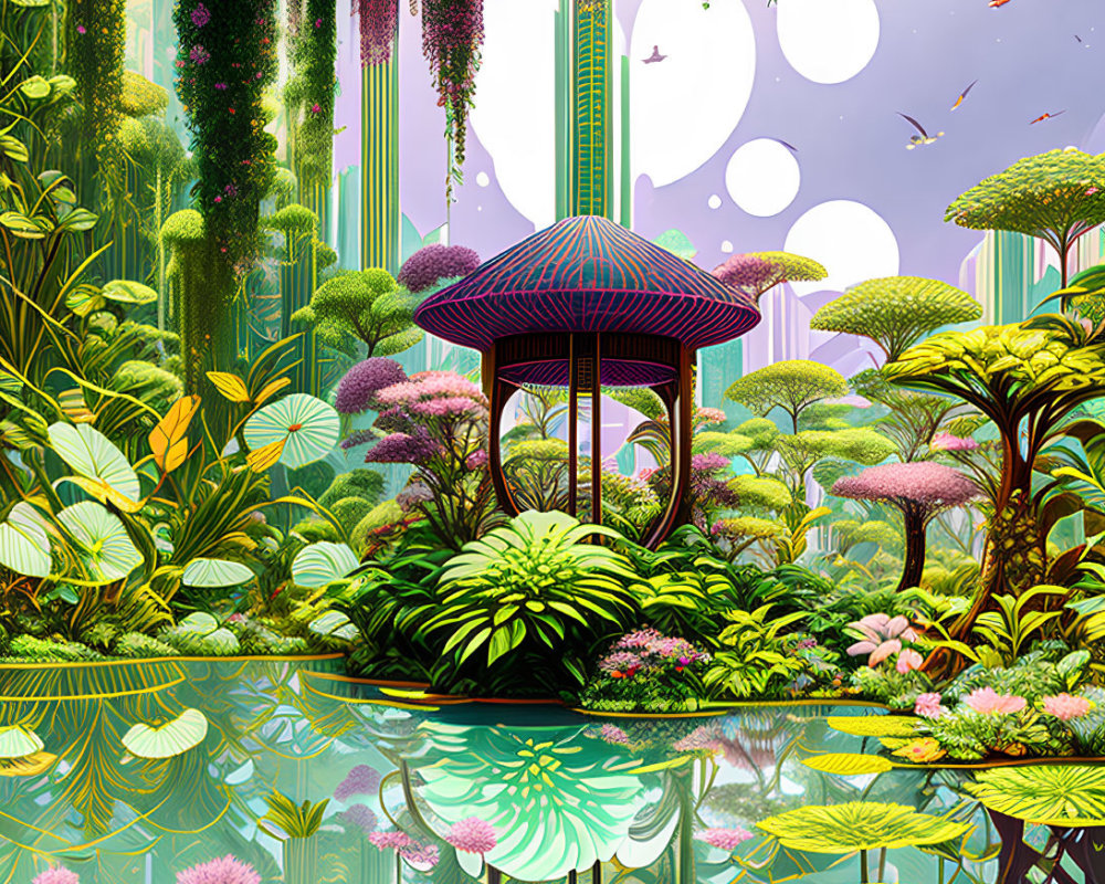 Fantastical garden with reflective pond, purple gazebo, and multiple moons