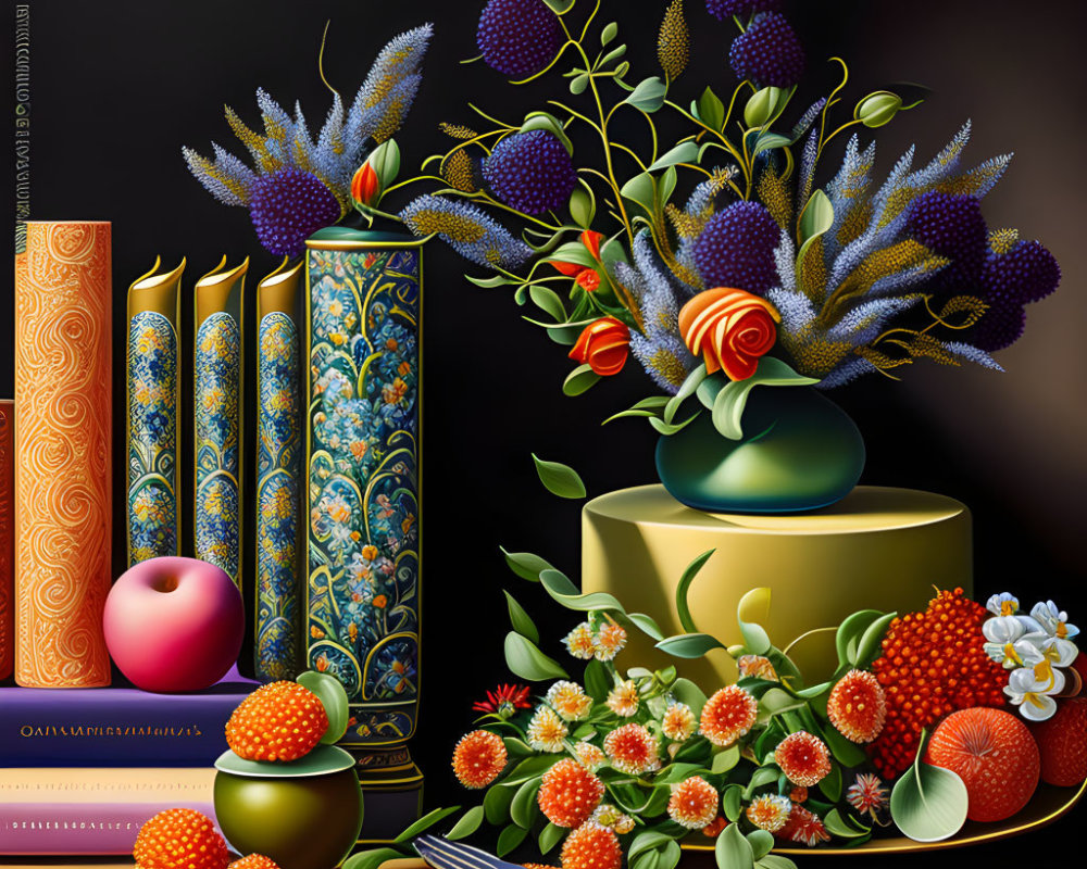 Colorful still life with books, candles, fruits, flowers, and cake display