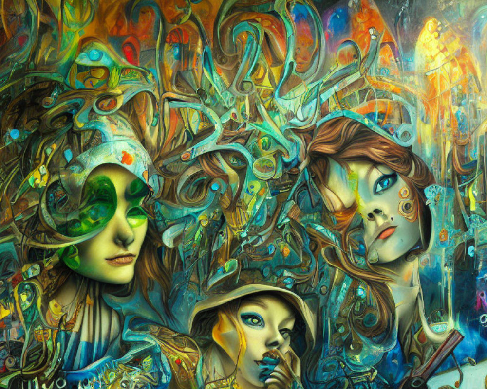 Abstract painting: Three female faces in colorful swirls