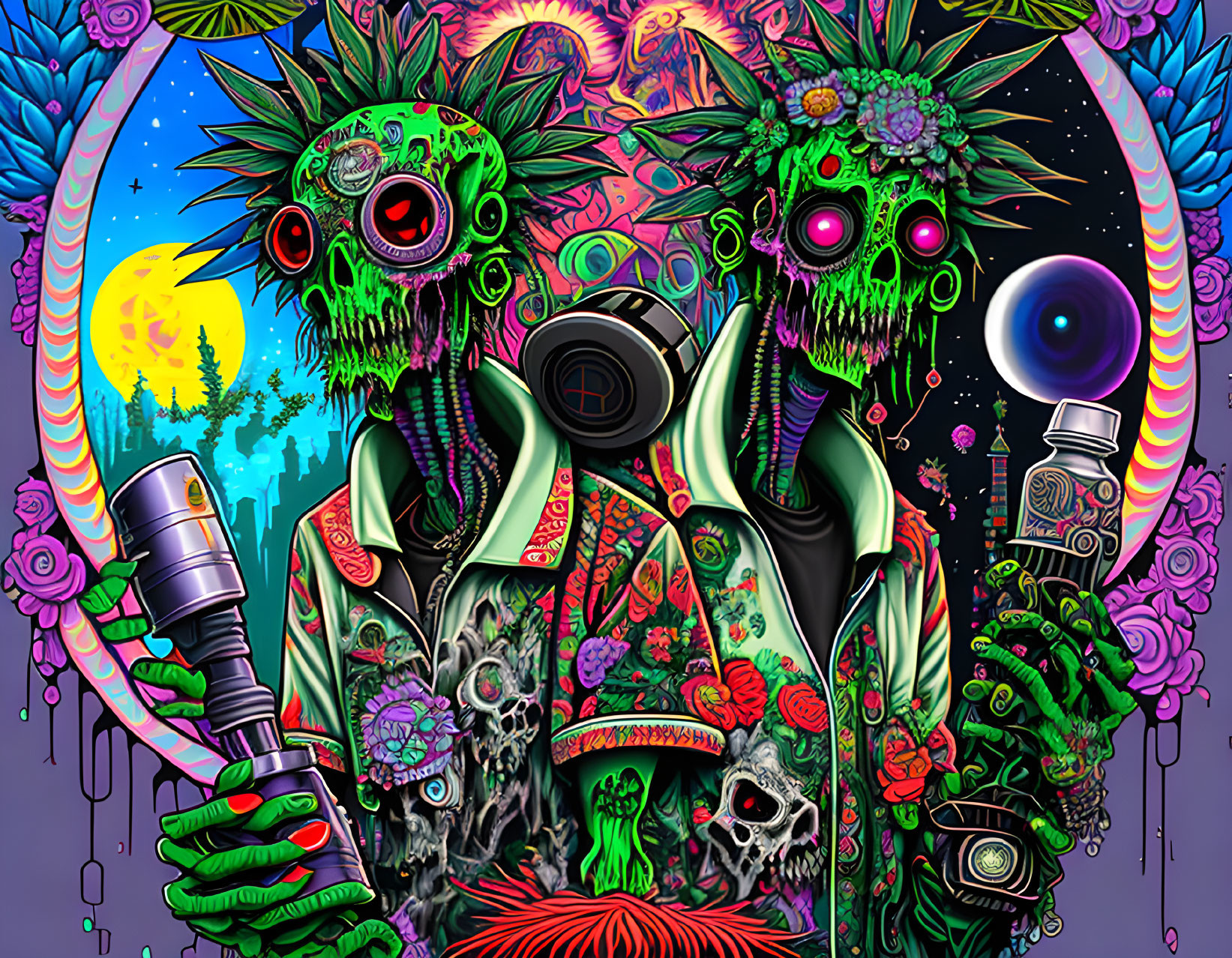 Psychedelic skull-faced figures with telescope and bottle in cosmic setting