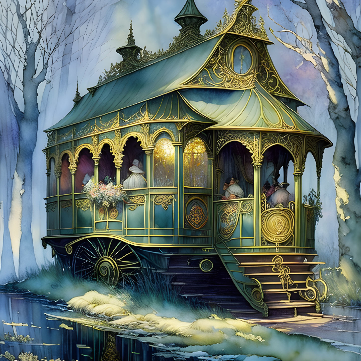 Vintage carousel house on wheels in magical forest with glowing lights