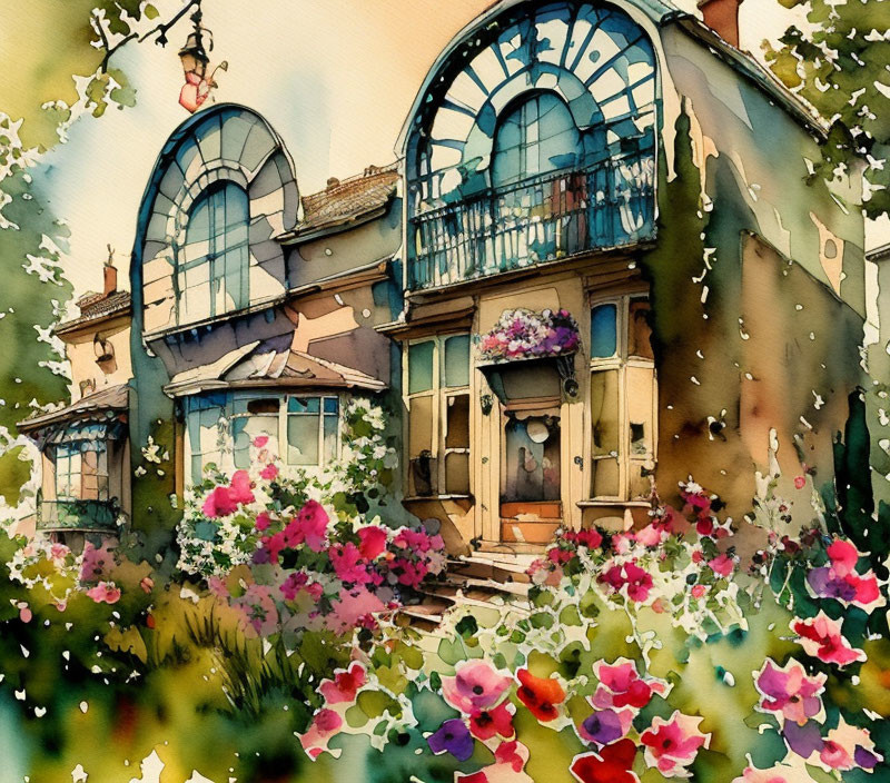 Charming House Watercolor Painting with Arched Windows and Flowers