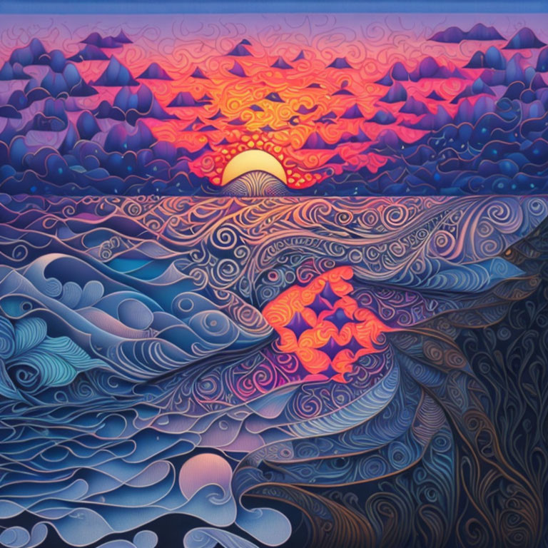 Colorful ocean scene with swirling patterns and fiery sunset over mountains