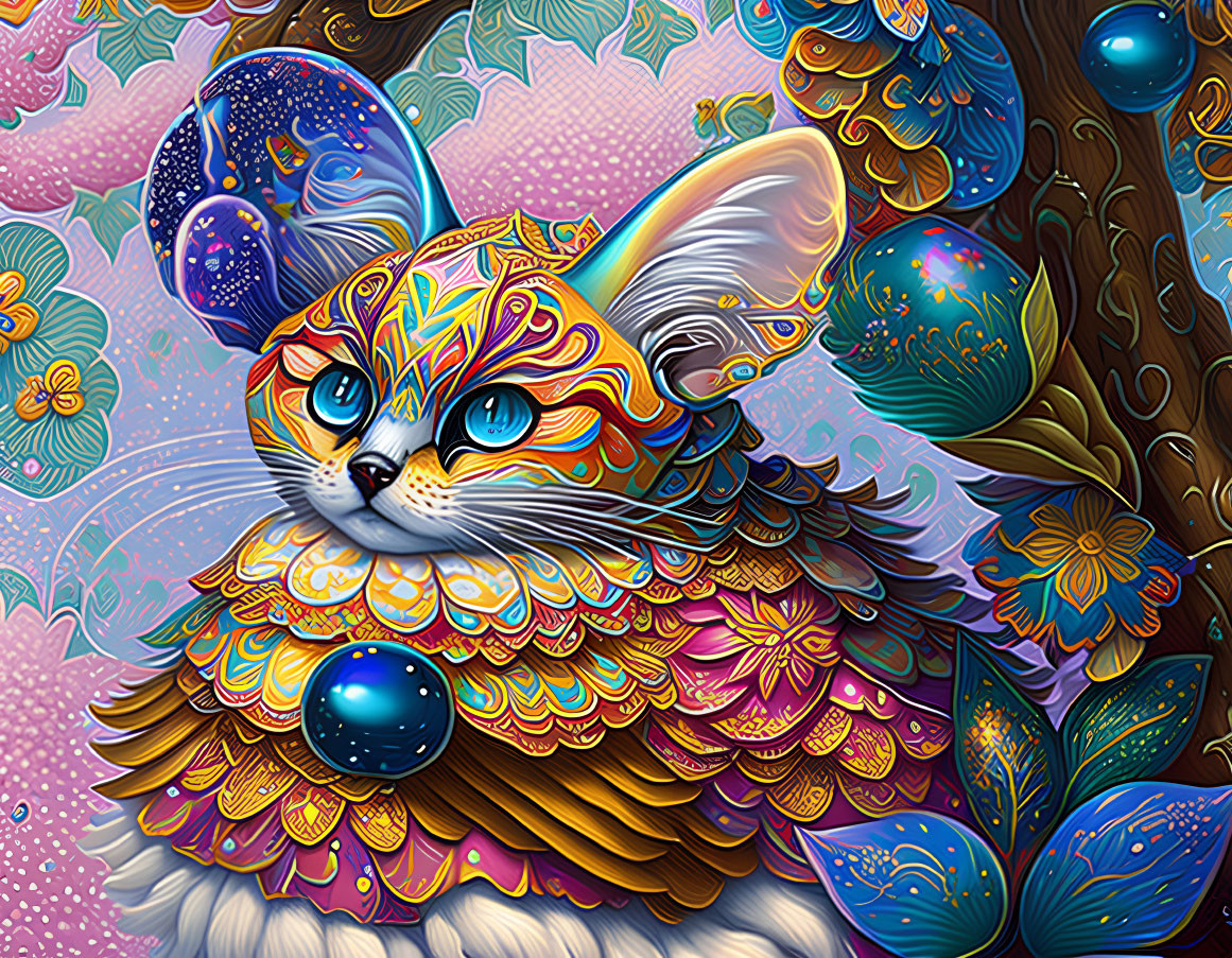 Colorful Psychedelic Cat Illustration with Floral Motifs