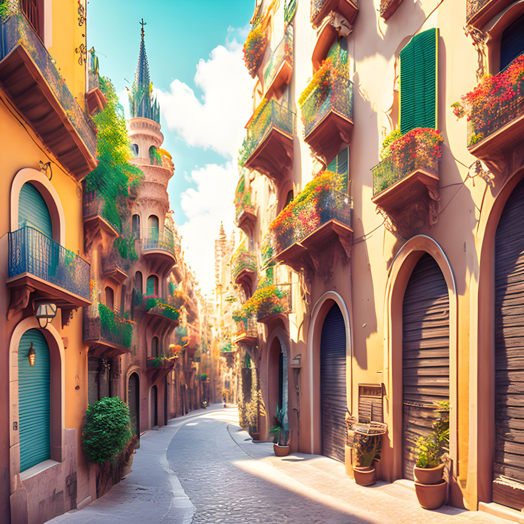 Sunlit European Street with Vibrant Buildings and Tower