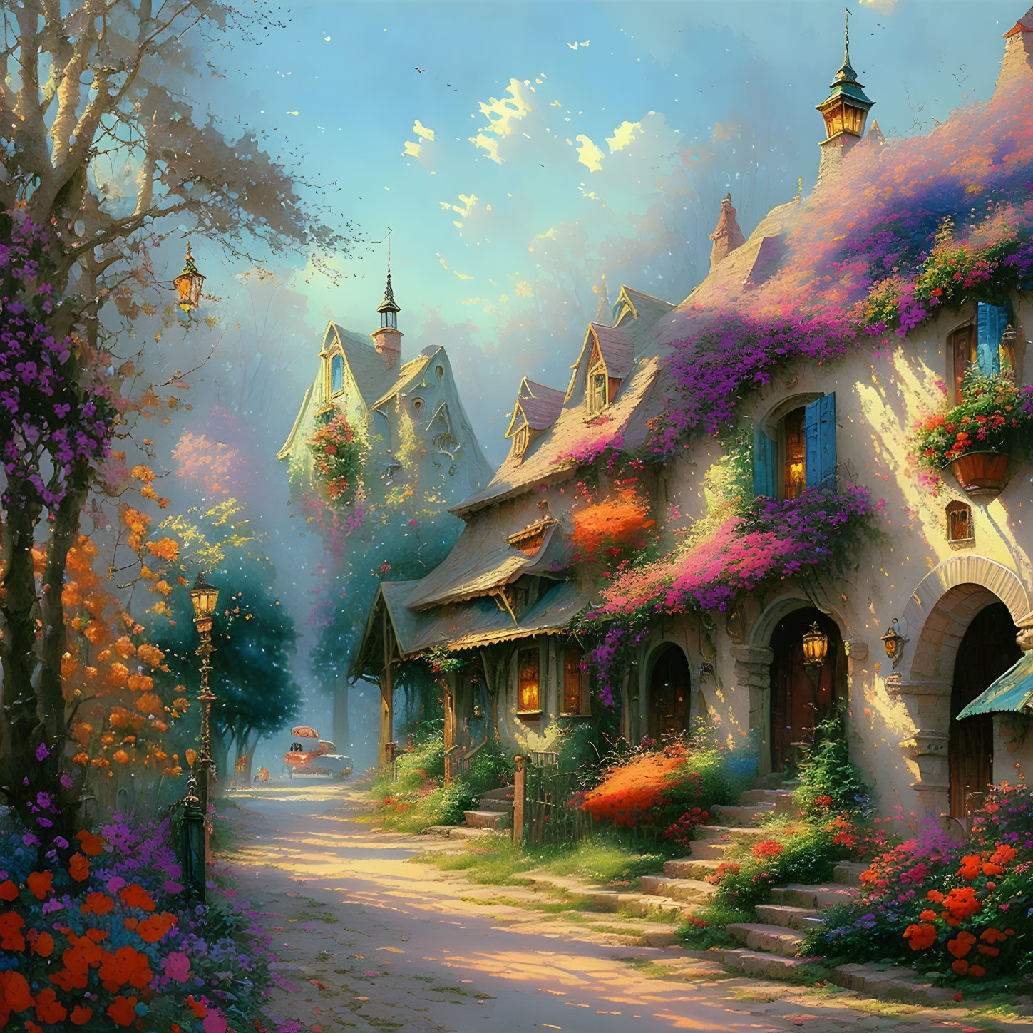 Picturesque village street with vibrant flowering vines at sunset