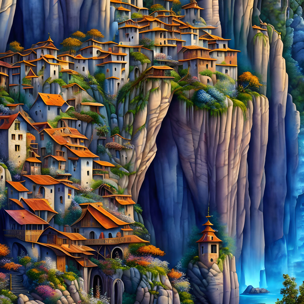 Picturesque cliffside village with wooden houses, lush greenery, and waterfall