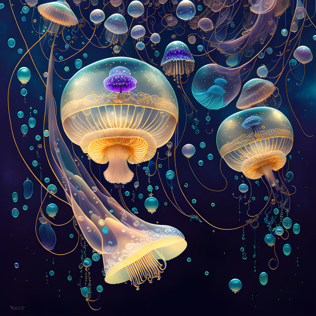 Colorful jellyfish digital artwork in dark oceanic setting