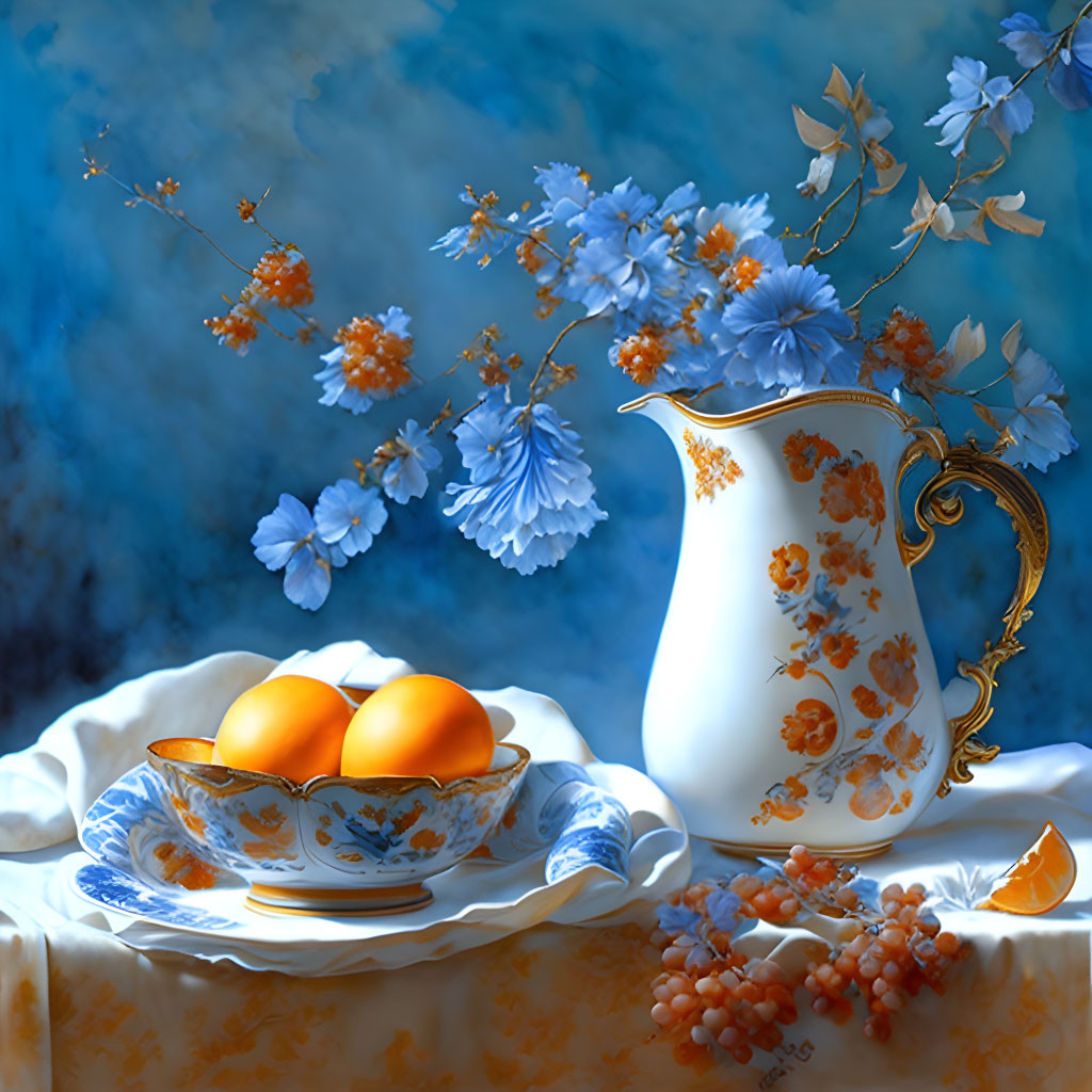 Floral-patterned jug, bowl of oranges, and orange fruits on blue background