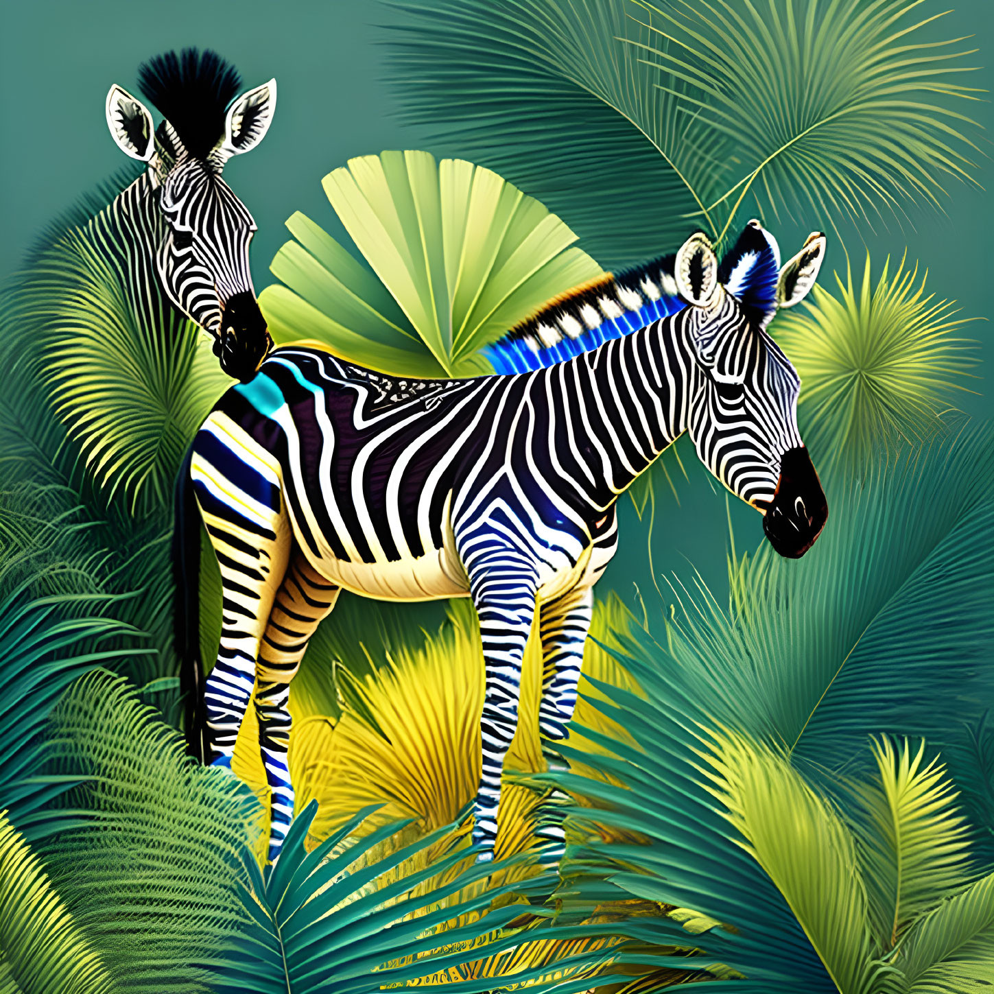 Digitally enhanced zebra in vibrant green and gold tropical setting