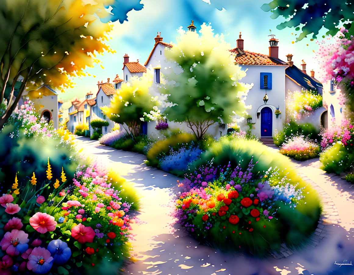 Vibrant painting of quaint village street with blooming flowers