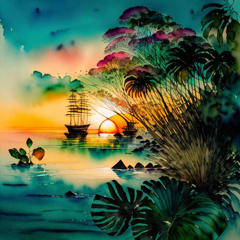 Tropical sunset watercolor painting with ship silhouette