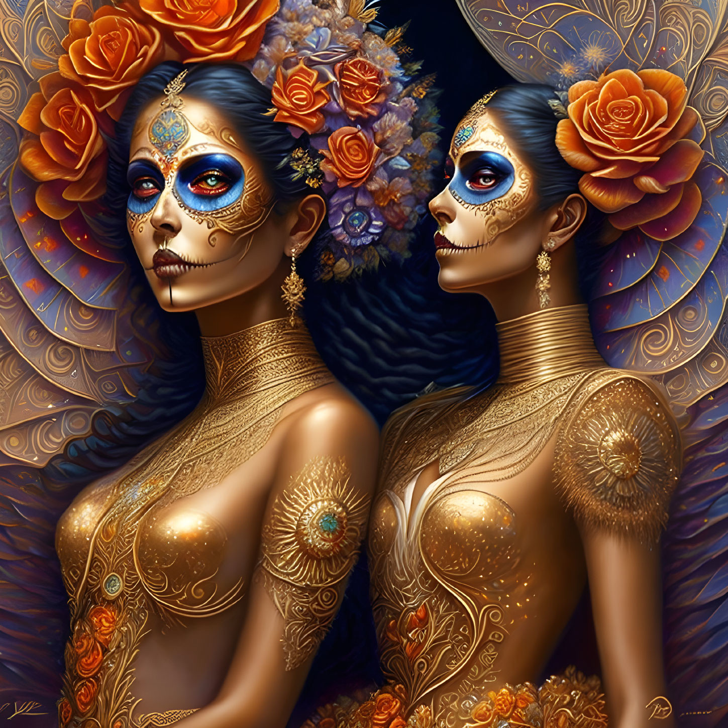 Women in Day of the Dead makeup with floral headpieces and gold body paint on decorative background