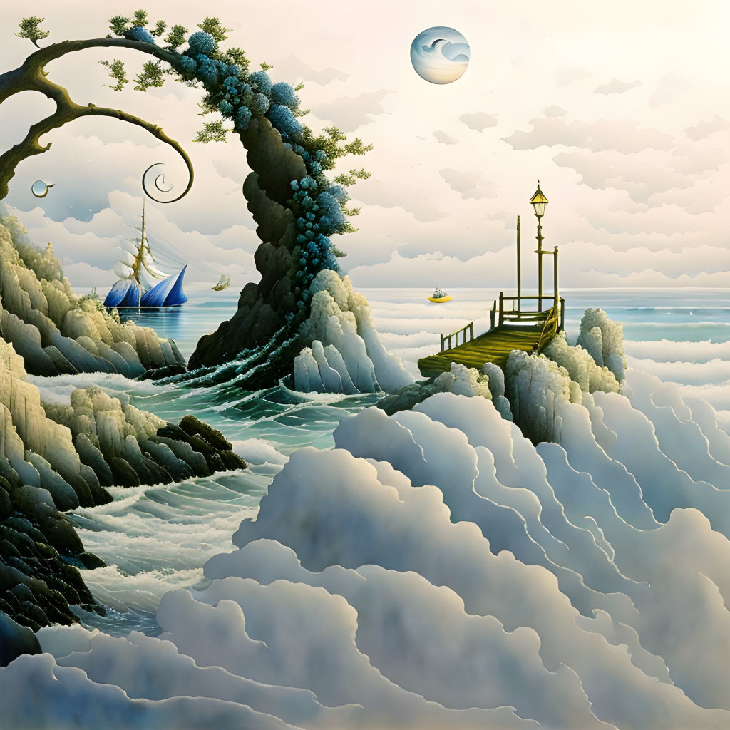 Surreal landscape with tree over cliff, dock, sea of clouds, sailboats, moon