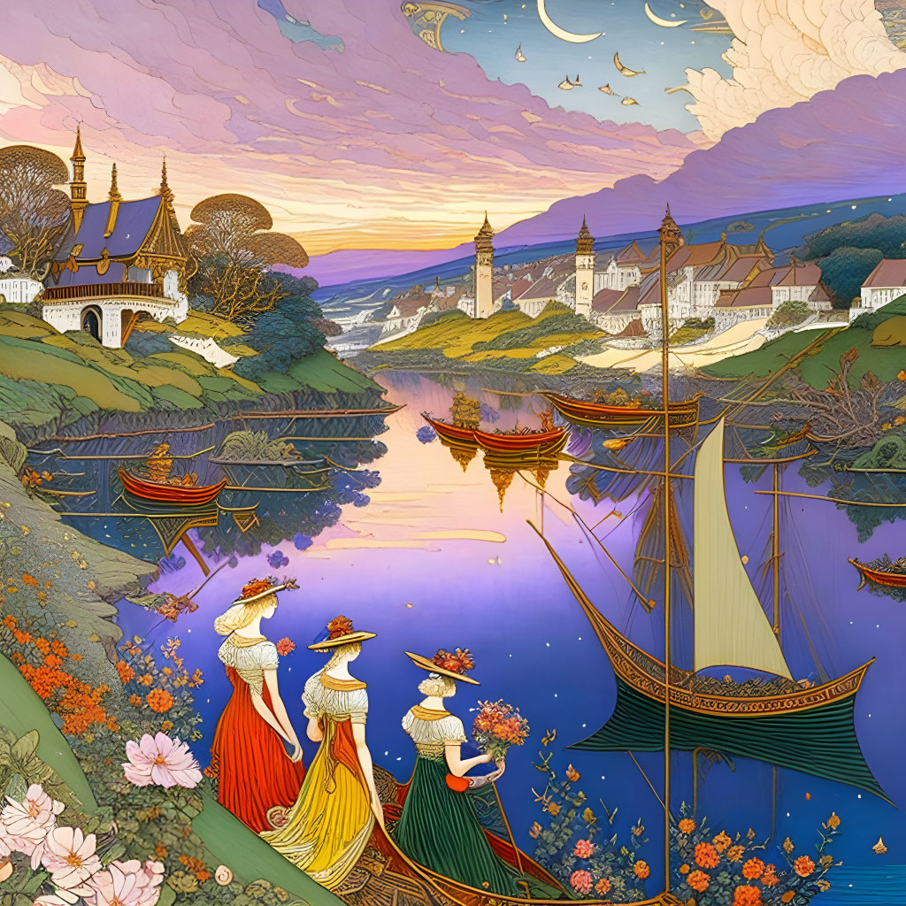 Illustration of three women in vintage attire by river and castle at sunset