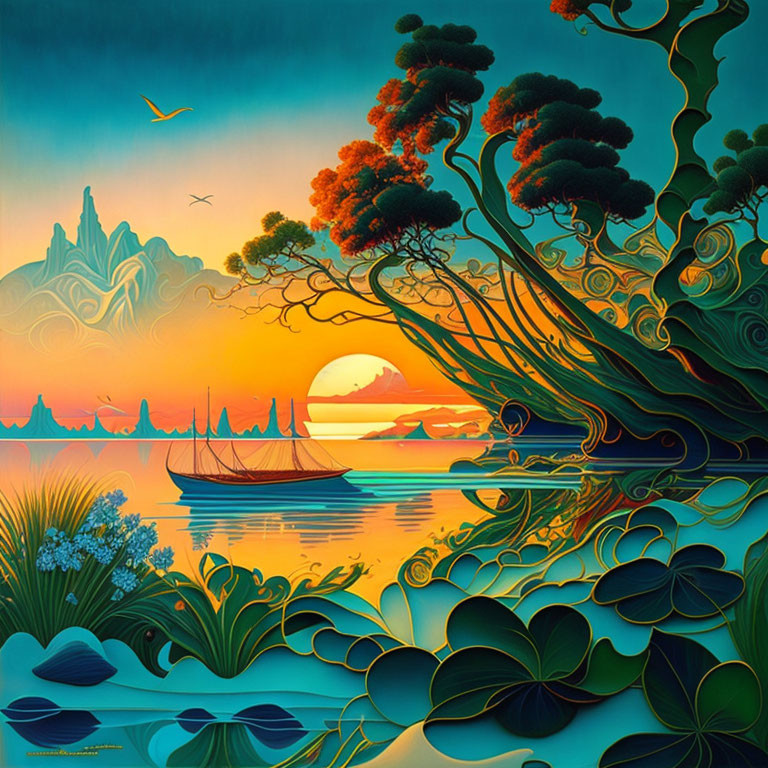 Vibrant sunset artwork with tree, lily pads, boats, and mountains