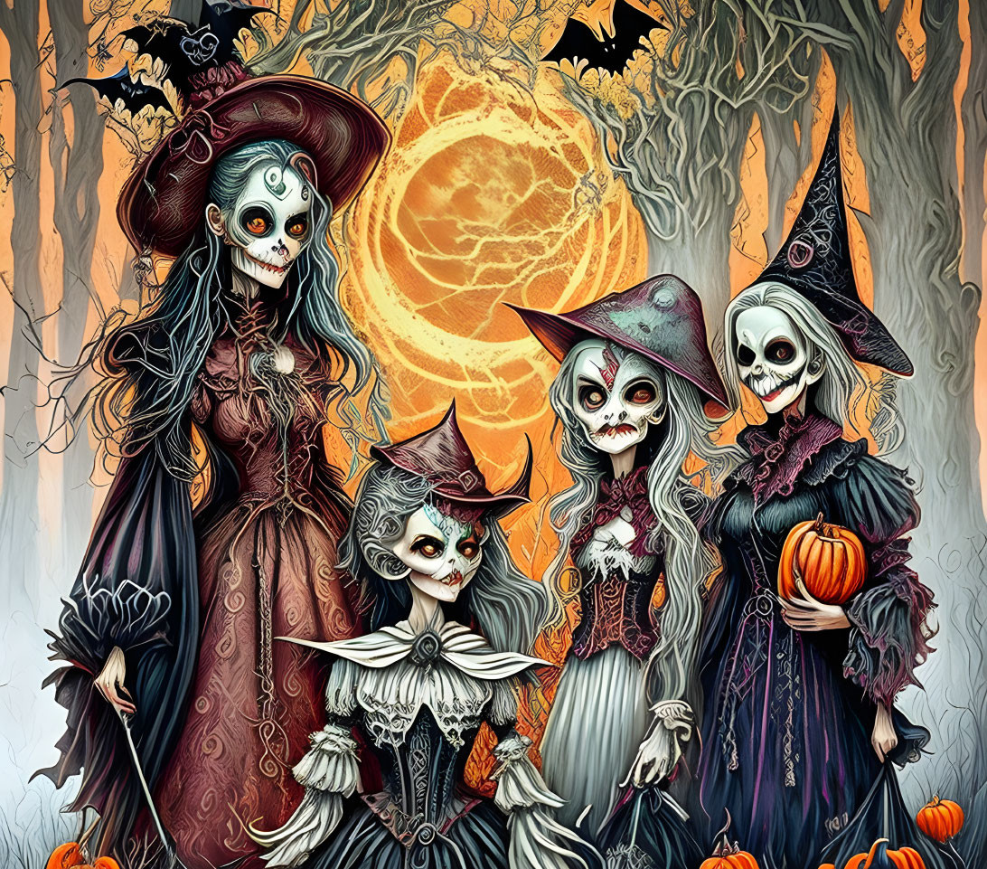 Vibrant Skeleton Family Halloween Illustration