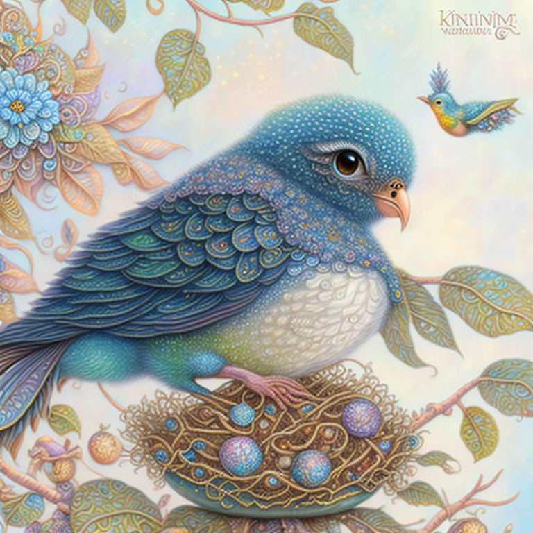 Detailed illustration of large blue bird with intricate patterns, holding nest with eggs, alongside tiny bird in floral