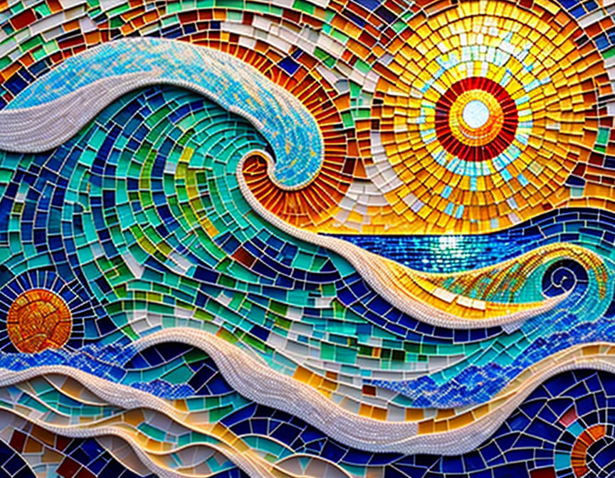 Colorful mosaic of stylized wave and sun on blue background